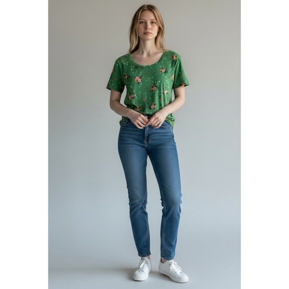 & Other Stories Baby Tee T-shirt Women's US Size 10 Medium Green-Multi Floral - Picture 10 of 11